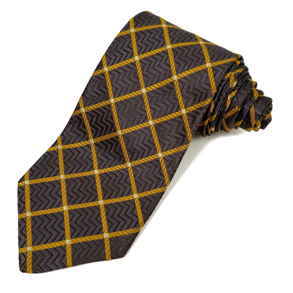 Ermenegildo Zegna‎ Silk Tie Geometric Brown Gold Pattern W: 3.75" L: 58"